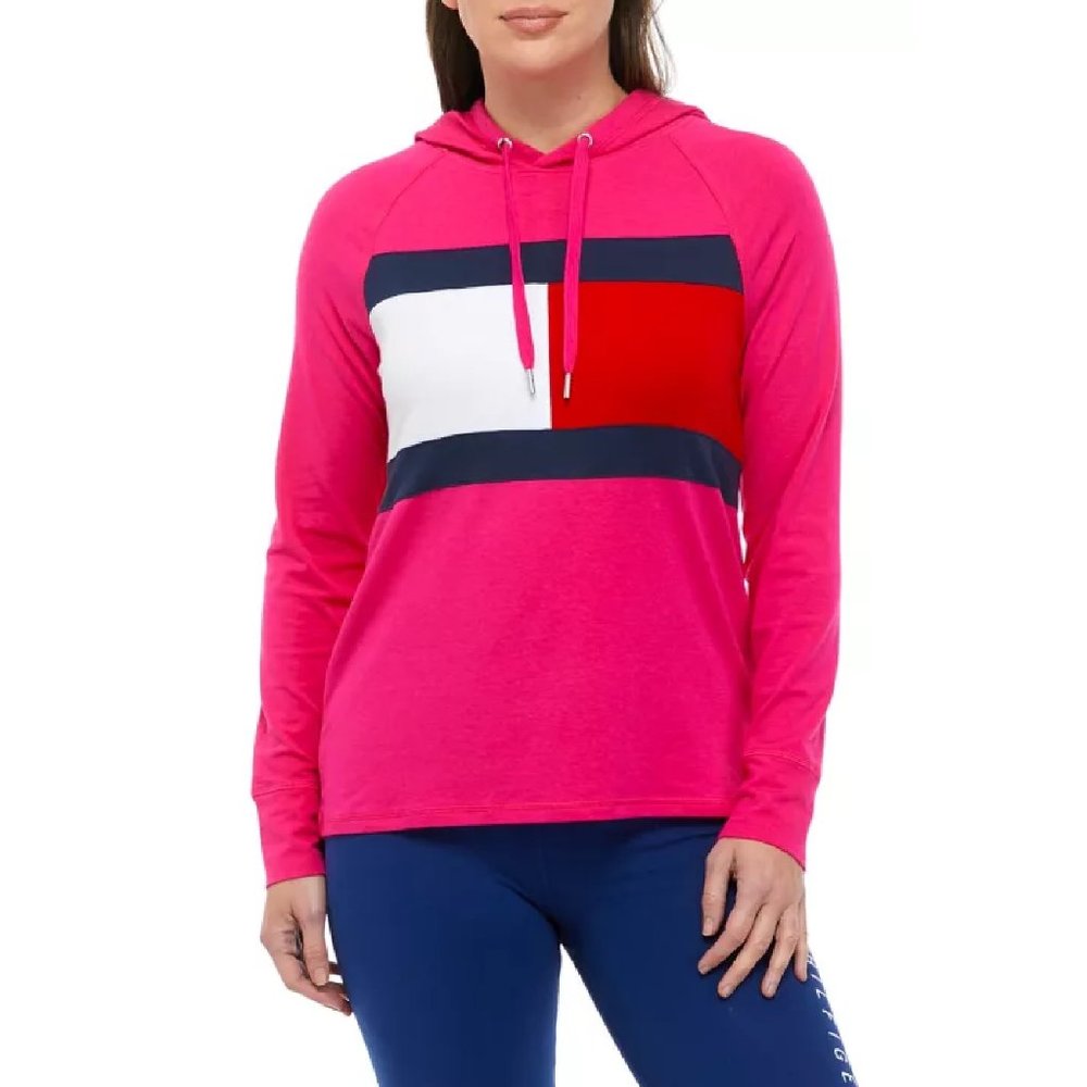 MAGENTA PINK Tommy Hilfiger Sport Women's Long Raglan Sleeve Hooded T-Shirt LRG